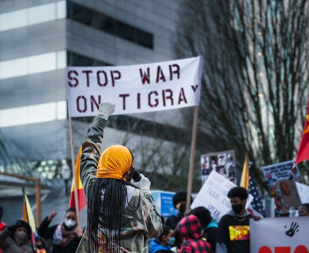 protestor holding a sign saying "stop war on Tigray"