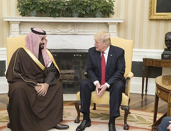 Mohammed bin Salman and Donald Trump seated facing each other in a reception room