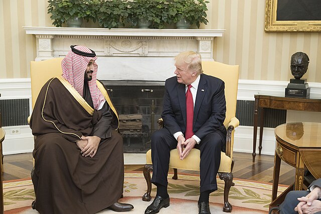 Mohammed bin Salman and Donald Trump seated facing each other in a reception room
